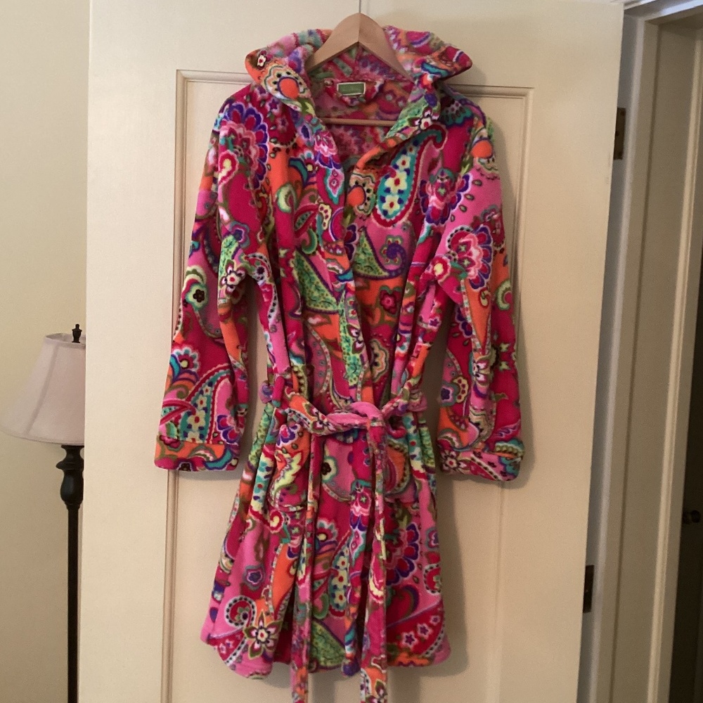 Vera Bradley Pink Paisley Sherpa Fleece Plush Soft Hooded Robe Bathrobe Pockets - Picture 3 of 11